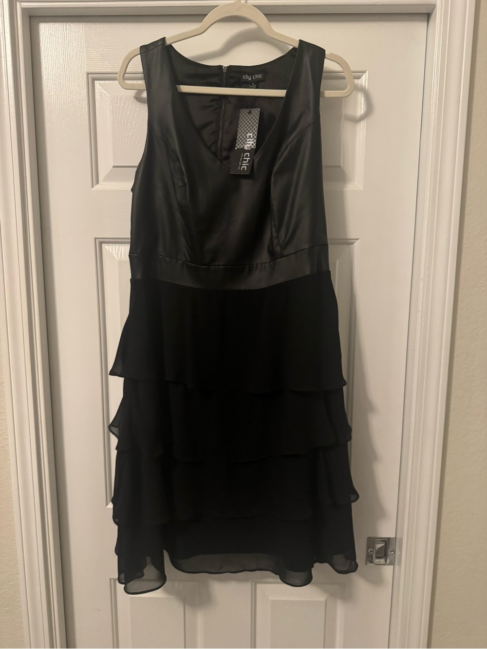 City Chic Black Faux Leather Bodice Tiered Chiffon Dress